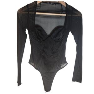Zara XS Black Satin Asymmetrical Long Sleeve Bodysuit Bodycon‎